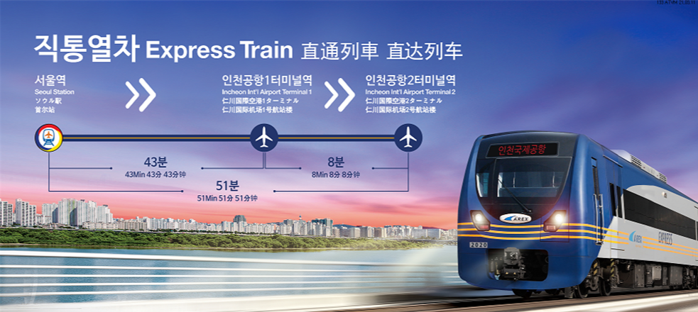 仁川国際空港 AREX直通列車 ホーム 乗り場, AREX直通列車 車内 座席 充電ポート Wi-Fi, ソウル駅 空港鉄道 改札口 出口, 仁川空港 第1ターミナル 案内板 電車, Klook QRコード AREX チケット 発券機